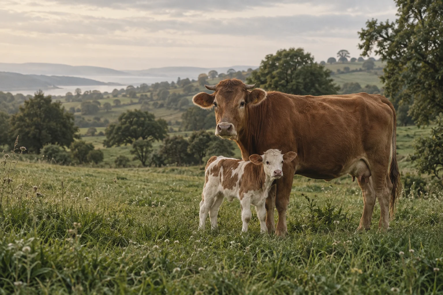 Yeşil bir merada yan yana duran bir inek ve buzağı; FarmerAI için üretilmiş temsili görsel.